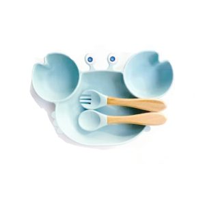 Assiette Ventouse Crabe + 2 Couverts Bleu Ciel