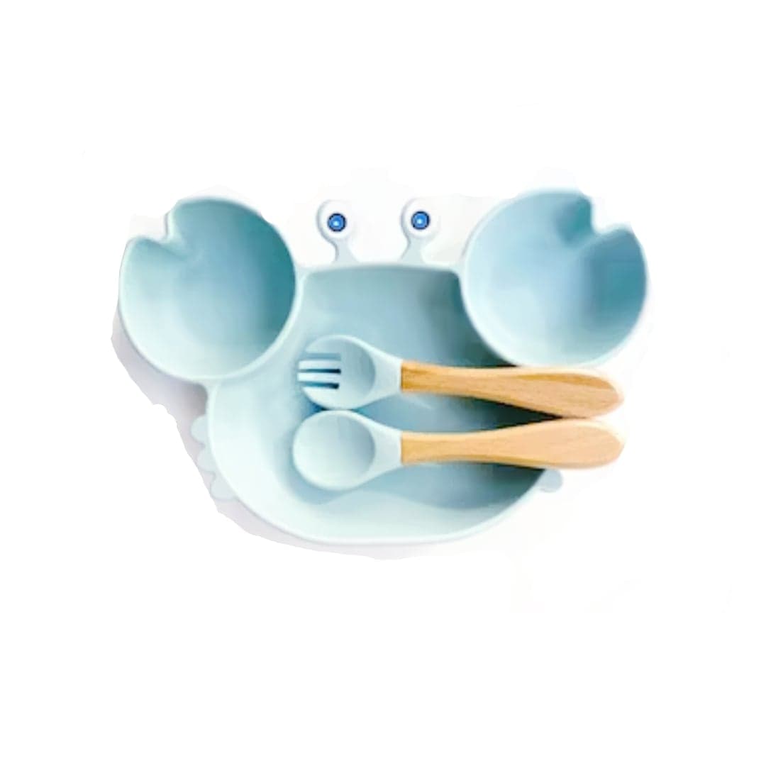 Assiette Ventouse Crabe + 2 Couverts Bleu Ciel