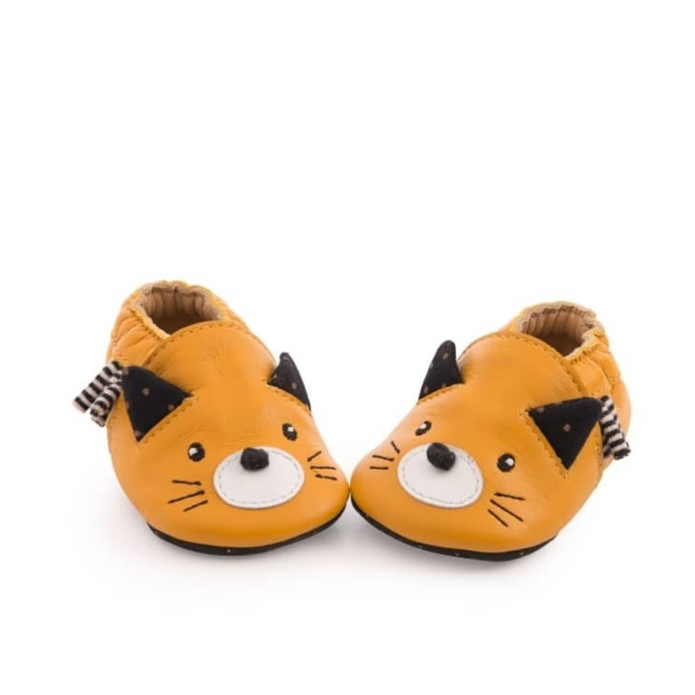 Chaussons Cuir Chat Moutarde – Taille 1 – 0/6 Mois
