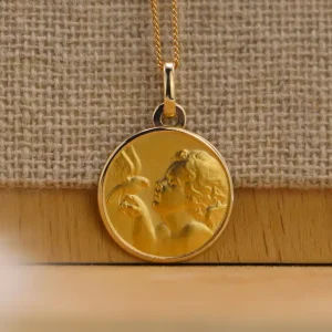 Médaille de baptême Ange à la colombe en Or jaune 9 carats