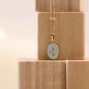 Médaille Miraculeuse en Or jaune 18K et résine bleu ciel