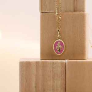 Médaille Miraculeuse en Or jaune 18K et résine rose