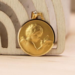 Médaille de baptême Ange à la colombe en Or jaune 18 carats