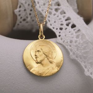 Médaille de baptême Christ auréolé de profil en Or jaune 18 carats