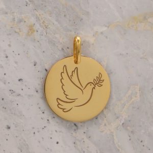 Médaille de baptême Colombe au brin en Or jaune 9 carats