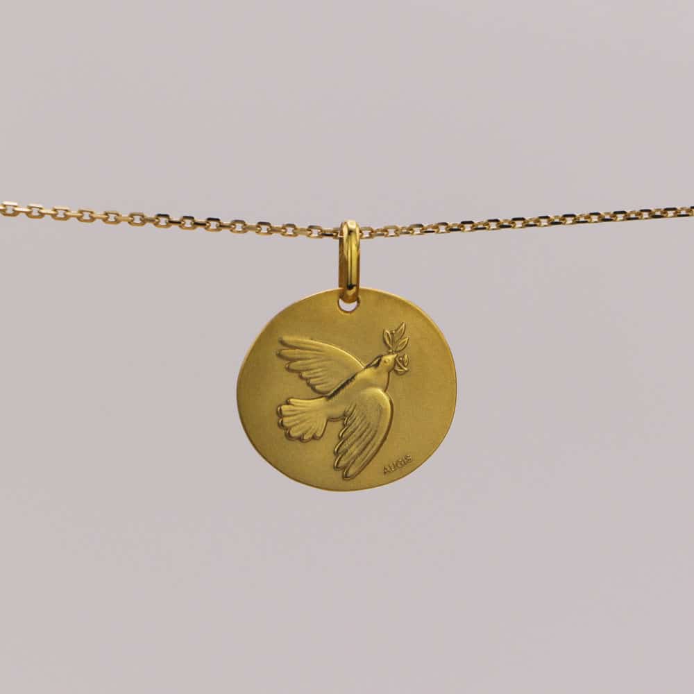 Médaille de baptême Galet Douce Colombe en Or jaune 18 carats