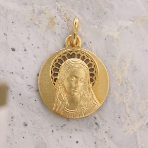 Médaille de baptême Vierge Marie à l&rsquo;auréole ajourée en Or jaune 18 carats