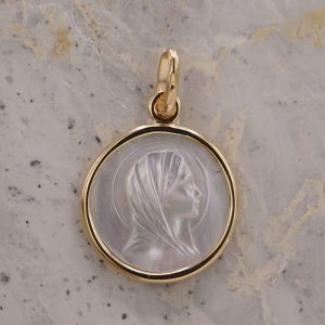 Médaille de baptême Vierge Marie en Or jaune 18 carats et nacre