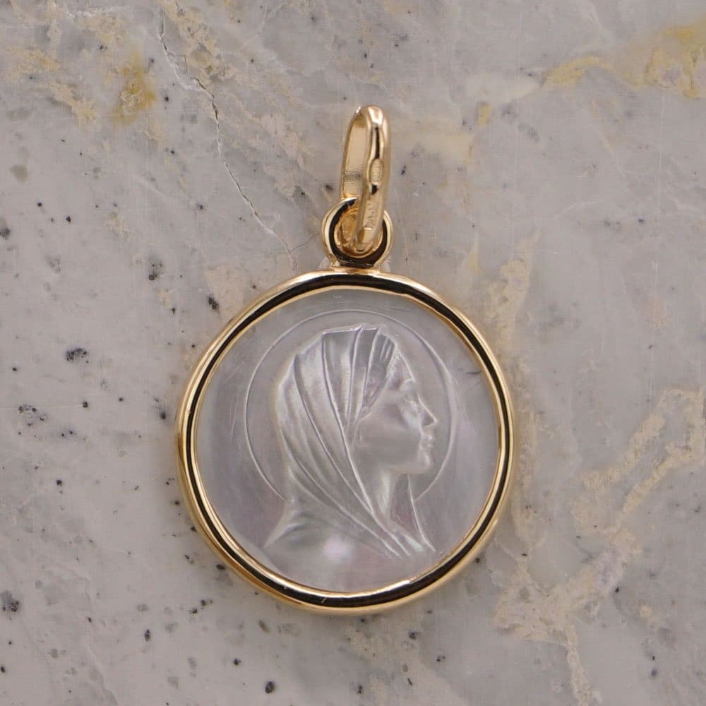 Médaille de baptême Vierge Marie en Or jaune 18 carats et nacre