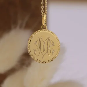 Médaille Jeton perlé en Or jaune 18 carats 15mm gravé à la main