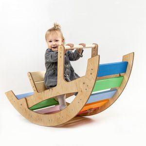 Arche de motricité assise en bois pour enfant – Kit complet (Arche + Planche + Balancelle)