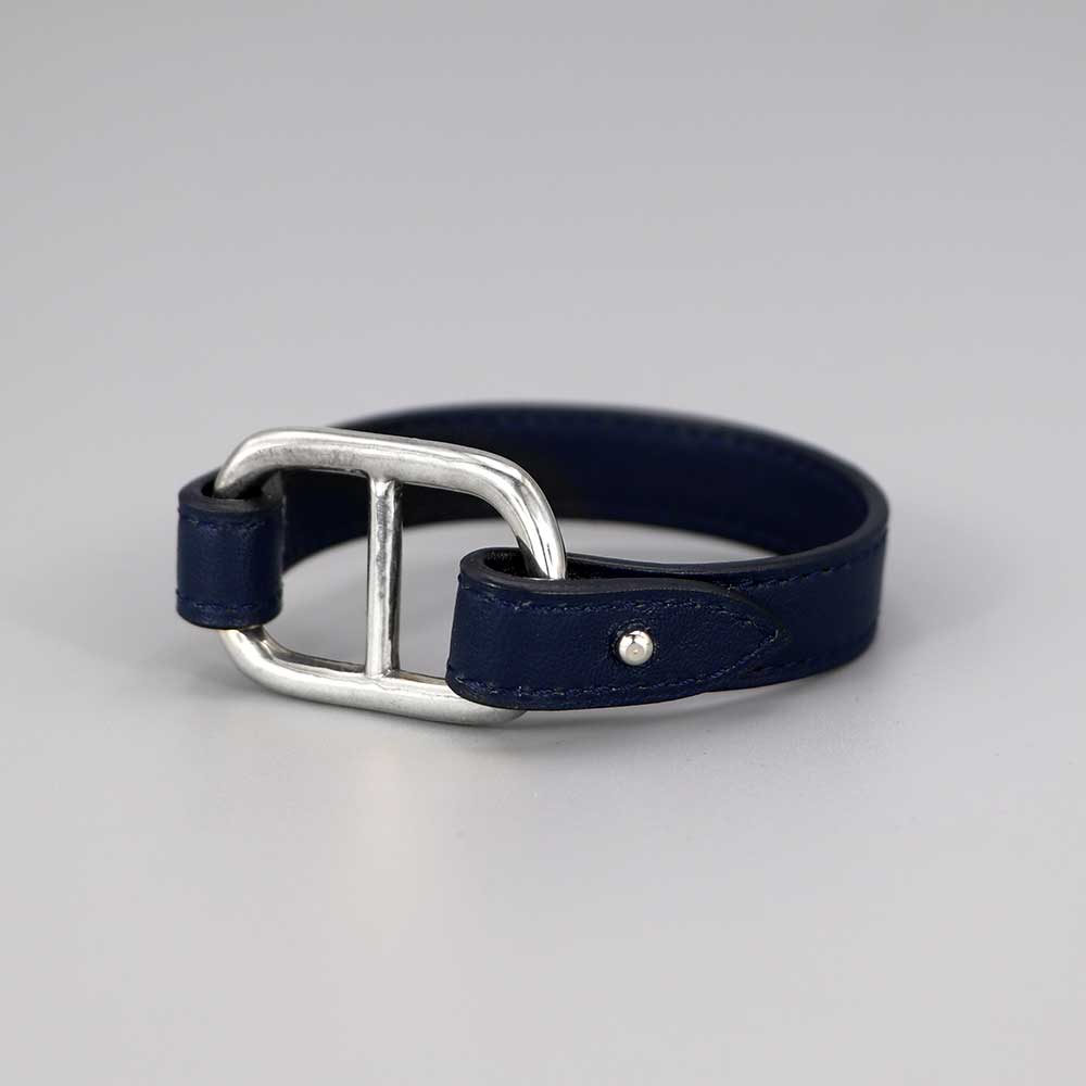 Bracelet en cuir et maille marine en Argent massif bleu marine – Image 2