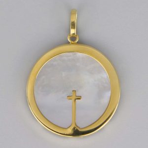 Médaille de baptême Croix fine en Or jaune 18 carats et nacre
