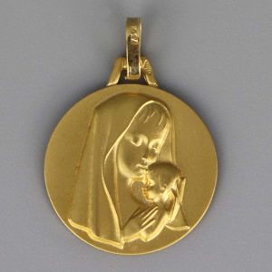 Médaille de baptême Vierge à l’enfant moderne en Or jaune 18 carats
