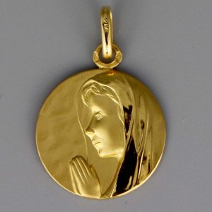 Médaille de baptême Vierge en prière en Or jaune 18 carats 18 mm