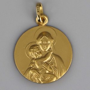 Médaille de baptême Vierge à l’enfant de face en Or jaune 18 carats