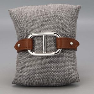 Bracelet en cuir et maille marine en Argent massif camel