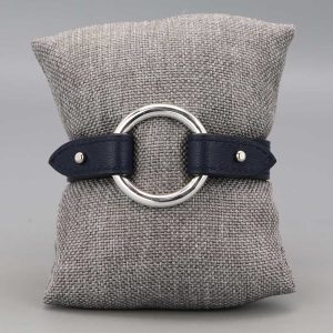 Bracelet en cuir et maille ronde en Argent massif bleu marine