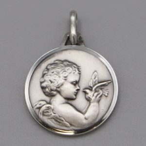 Médaille de baptême Ange à la colombe en Argent massif